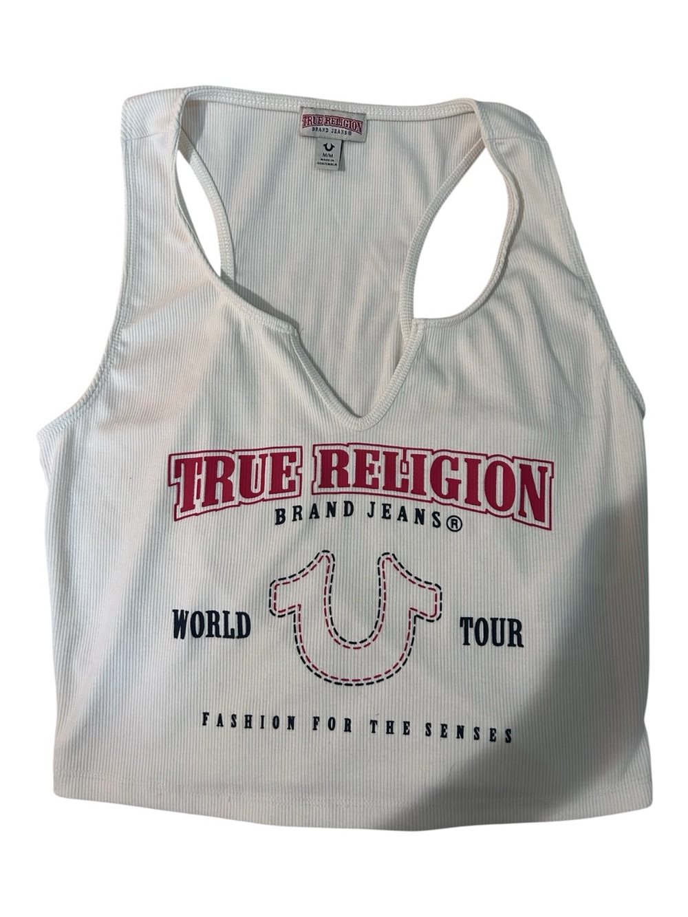 True Religion White Cropped Tank with Red Logo and Navy Print